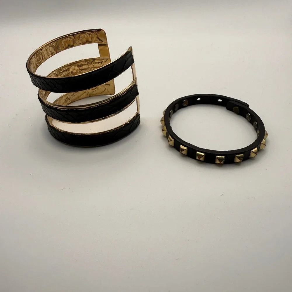 Black Gold Cuff Studded Bracelet Set Snakeskin Textured‎ Edgy Jewelry Punk Goth